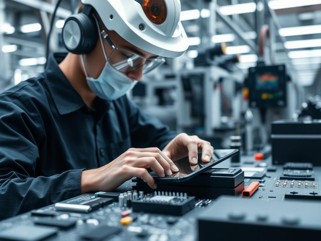 A realistic high-resolution photo of a modern electronics manufacturing facility, showcasing state-of-the-art machinery and equipment in action. The focus is on a close-up of a skilled technician assembling a smartphone, with intricate details visible in the process. The background features a clean, organized workspace with tools and components neatly arranged. The lighting should highlight the precision of the work, and the image should evoke a sense of innovation and professionalism, compatible with the r