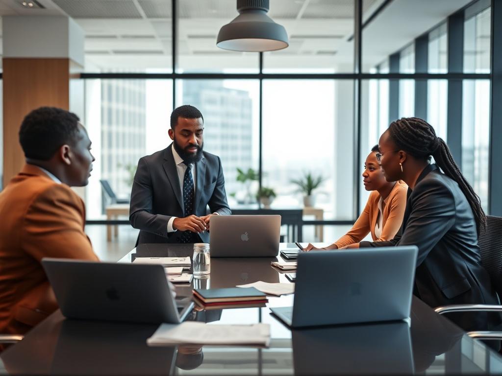 A close-up shot of a group of African experts in a modern consulting environment. The focus is on three professionals engaged in a lively discussion around a sleek conference table filled with laptops, notebooks, and charts. The background features a contemporary office space with large windows allowing natural light to illuminate the scene. The image should radiate a sense of collaboration and expertise, showcasing the consultants' diverse backgrounds and professional attire. The overall color palette shou