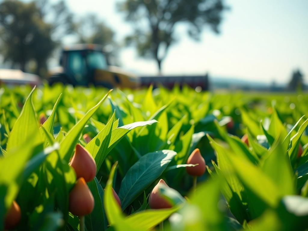 A close-up shot of a lush green field with ripe crops ready for harvest. The image should capture the vibrant colors of the crops under bright sunlight, showcasing the beauty of sustainable agriculture. In the background, subtle hints of modern farming equipment can be seen, emphasizing the blend of tradition and technology in agriculture. The focus should remain on the crops, with a blurred background to enhance the depth of field, shot with a 45mm f/1.2 lens style, ensuring a hyper-realistic quality.