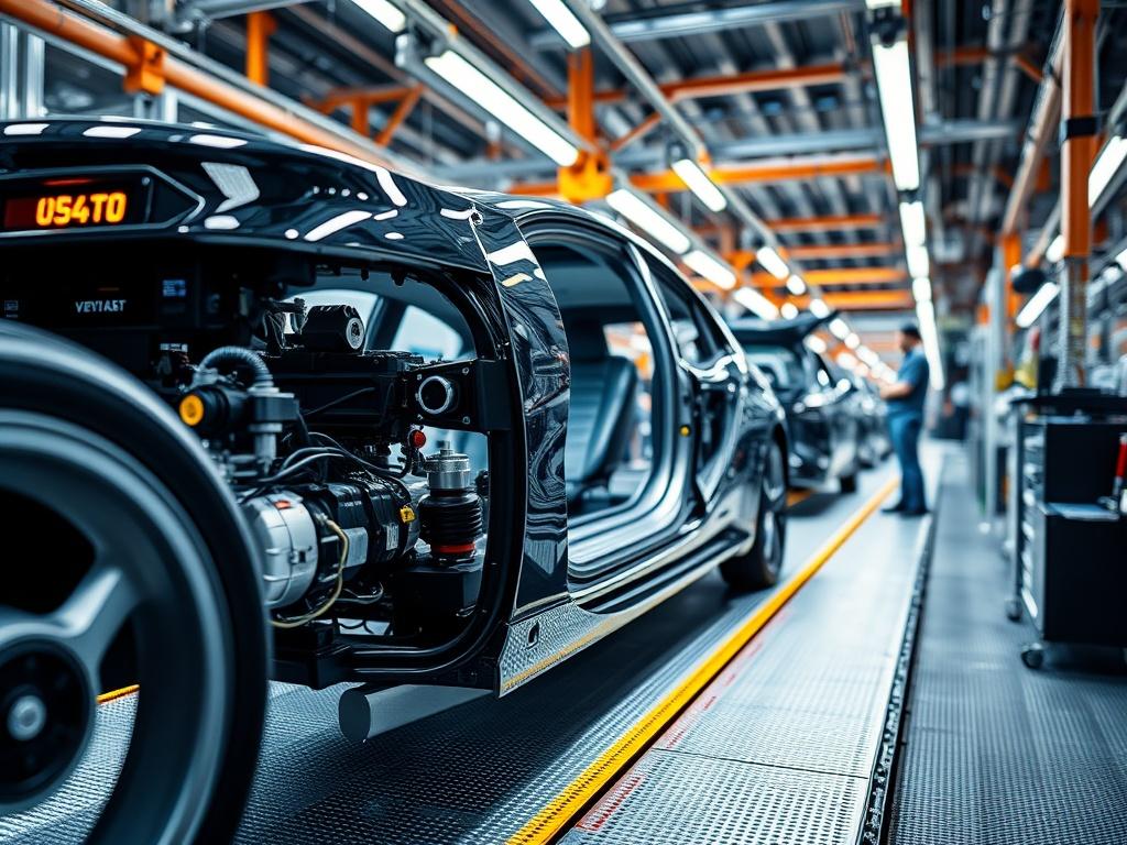 A hyper-realistic close-up of a high-tech eV car being manufactured on an assembly line. The scene is vibrant and detailed, showcasing the intricate components of the vehicle, with workers in the background focused on their tasks. The lighting is bright, emphasizing the modern technology and clean workspace. The image captures the essence of innovation in manufacturing, with an emphasis on quality and precision.