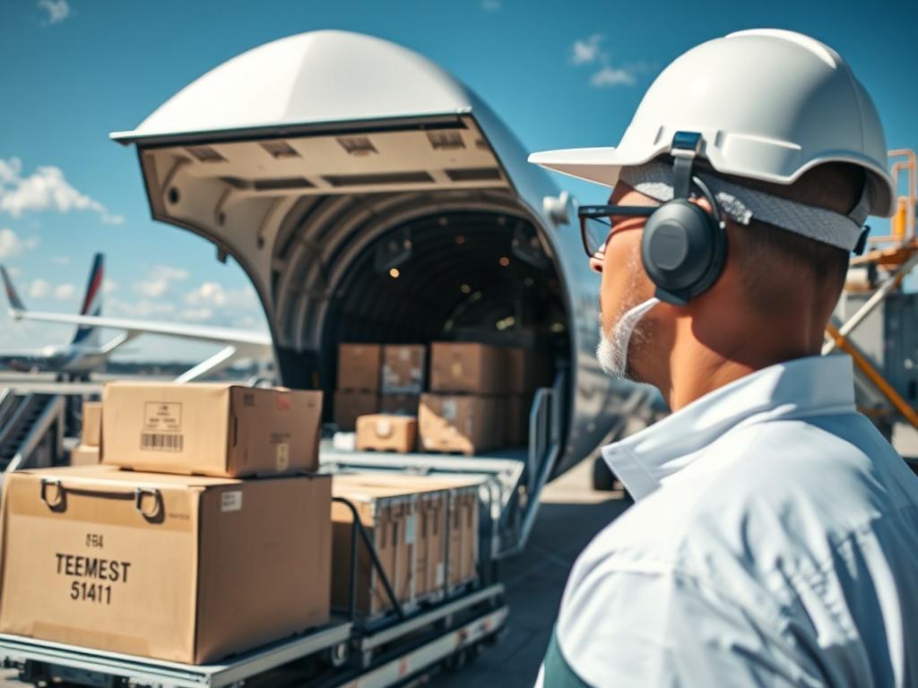 A hyper-realistic close-up shot of a logistics professional overseeing the loading of cargo onto a cargo plane at an airport. The focus is on the intricate details of the cargo being loaded, showcasing boxes and containers. The background features a clear blue sky and a busy airport environment. The image is captured with a 45mm f/1.2 lens style, highlighting the professionalism and efficiency in aviation and logistics services.