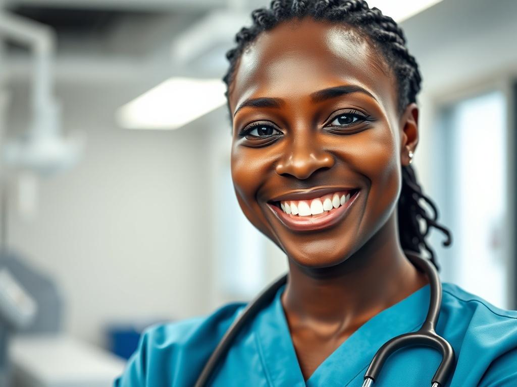 A close-up shot of a confident black medical staff member wearing scrubs and a stethoscope. The subject is smiling warmly, demonstrating compassion and professionalism. The background is softly blurred, emphasizing the medical environment with hints of medical equipment and a clean, bright atmosphere. The photograph should be hyper-realistic, capturing the details of the staff's expression and attire, shot with a 45mm f/1.2 lens style.