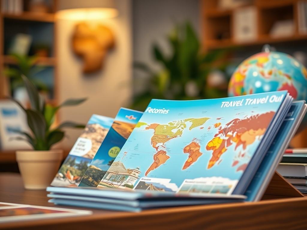A close-up shot of a travel agent's desk, featuring a beautifully arranged display of travel brochures and maps. The background includes a soft-focus view of a globe and a potted plant, emphasizing a welcoming and professional environment. The lighting is warm and inviting, highlighting the vibrant colors of the brochures. The shot is taken with a 45mm f/1.2 lens to create a shallow depth of field, focusing on the brochures while softly blurring the background.