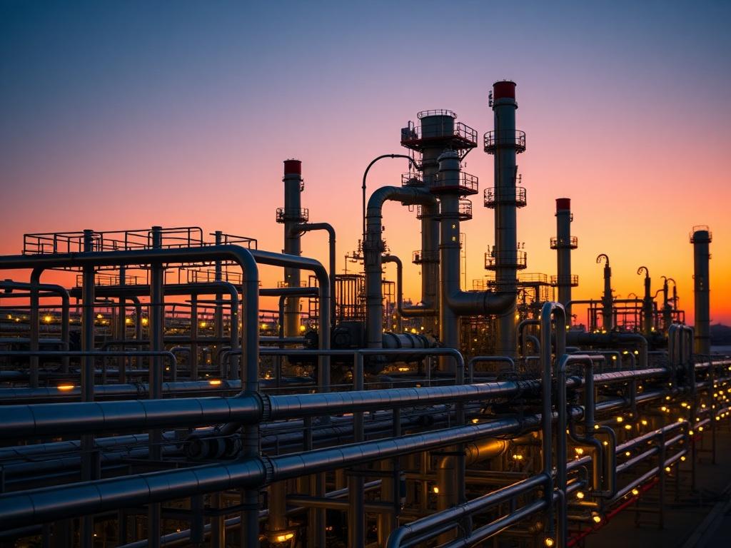 16th Era Plus Technologies Oil and Gas: A high-resolution close-up shot of a modern oil refinery at sunset, showcasing the intricate piping and machinery with glowing lights. The background features a clear sky transitioning from orange to deep blue, emphasizing the energy and innovation involved in the oil and gas industry. The image should be captured with a 45mm f/1.2 lens style, focusing on the details of the refinery to convey a sense of advanced technology and operational excellence.