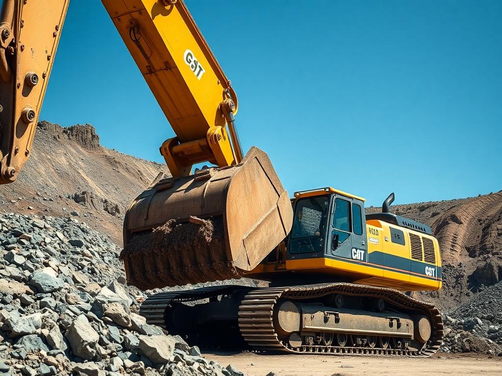 A close-up shot of a heavy-duty mining excavator working in an open-pit mine. The excavator is the central subject, showcasing its massive bucket scooping up earth and rocks. The background features a rugged terrain with piles of quarried stones and a clear blue sky, emphasizing the scale and power of the machinery. The image should be realistic, high-resolution, and capture the intricate details of the excavator's design, shot with a 45mm f/1.2 lens style.