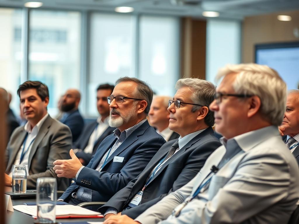 A close-up shot capturing a vibrant panel discussion on aviation and logistics, featuring industry experts sharing their insights. The background should reflect a professional atmosphere, with engaged audience members and modern decor.