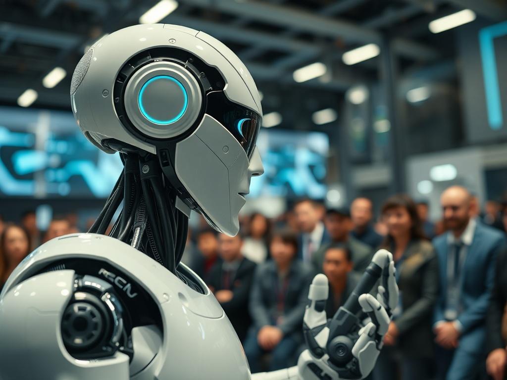 A close-up shot of a robotics demonstration, focusing on a humanoid robot engaging with an audience. The background should depict a futuristic setting, showcasing advanced technology and captivated viewers.