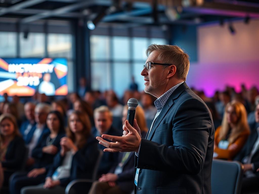 A close-up shot of a dynamic conference setting, focusing on a speaker passionately presenting innovative energy solutions. The background should be filled with engaged attendees, showcasing a modern, professional environment. The lighting should create a vibrant and inviting atmosphere.