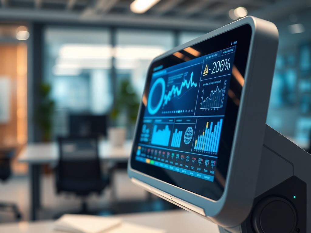 A close-up shot of a sleek AI-powered device with a dynamic display showing analytical data and artificial intelligence algorithms, set against a softly blurred futuristic office environment. The image should emphasize technological advancement, with the primary color of rgb(2, 86, 197) subtly featured in the digital display.
