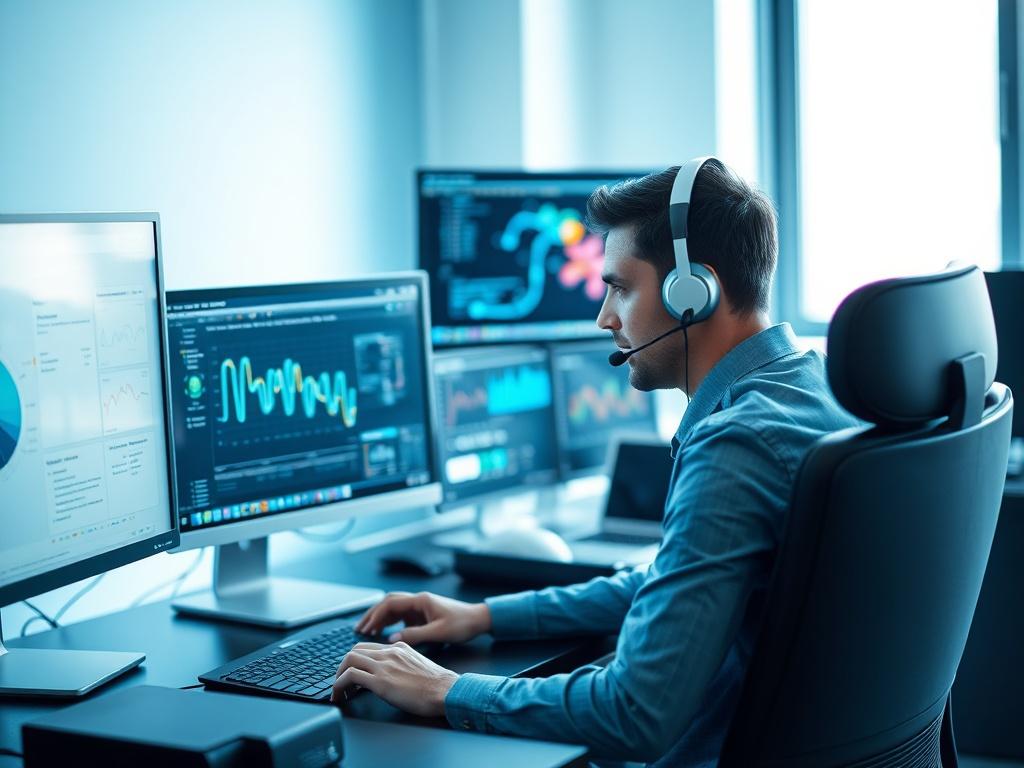 A highly detailed close-up shot of a modern IT and telecommunications professional actively engaged in troubleshooting network issues. The subject, a focused individual with a headset, is seated at a sleek workstation surrounded by high-tech equipment, including multiple monitors displaying data analytics and network maps. The background is softly blurred to emphasize the subject, with a cool blue color scheme that harmonizes with the rgb(2, 86, 197) primary color. Natural light streams in from a window, cr