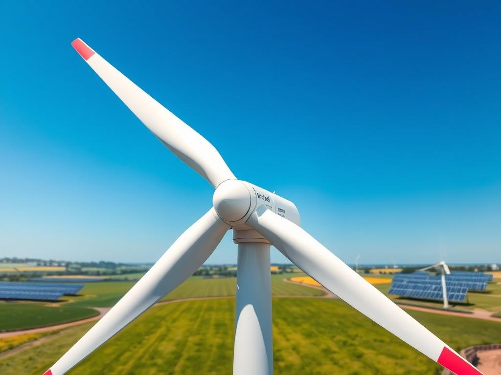 16th Era Plus Technologies Renewable Energy Solution: A close-up shot of a modern wind turbine set against a clear blue sky, showcasing the blades in motion, symbolizing renewable power generation. The background should be a pristine landscape with green fields and a hint of solar panels in the distance. The image should convey innovation and sustainability, capturing the essence of clean energy efforts. The colors should be vibrant and inviting, with a focus on the wind turbine as the single subject.