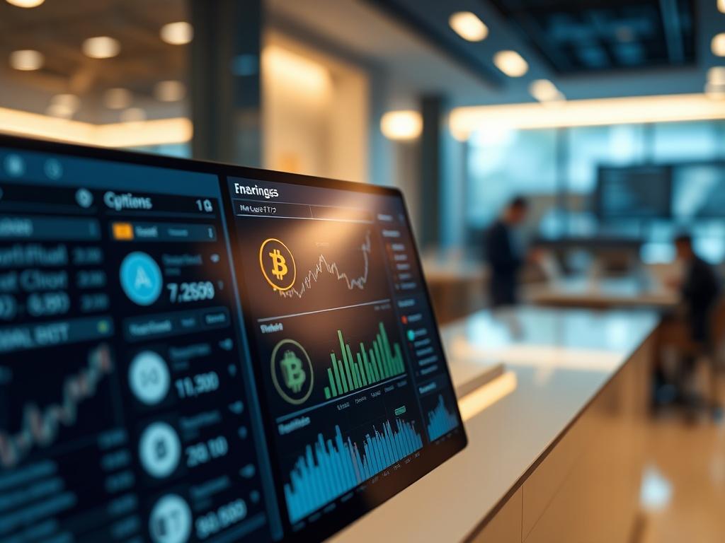 A close-up shot of a modern banking interface showcasing various cryptocurrency options, with a sleek digital display featuring charts and graphs. The background should be a blurred image of a contemporary and sophisticated banking environment, emphasizing security and innovation. The image should be captured with a 45mm f/1.2 lens to create a hyper-realistic effect, focusing on the digital elements that represent the future of banking.