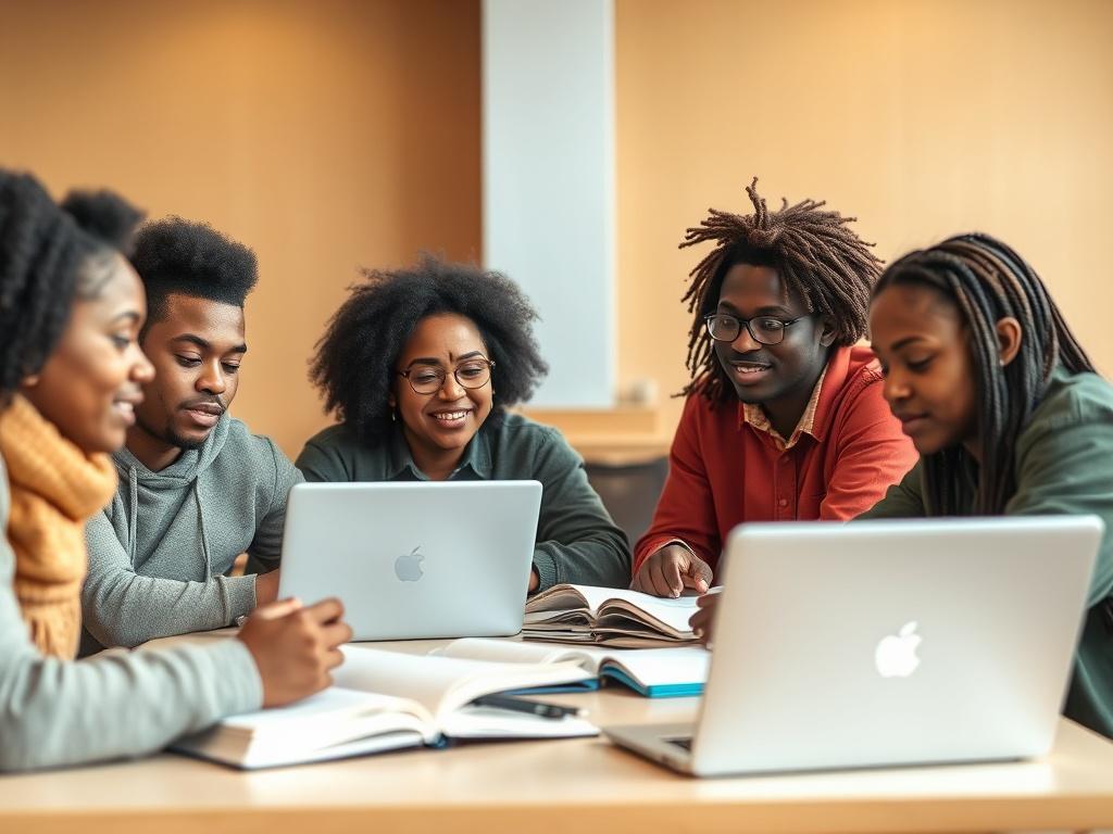 A close-up shot of a diverse group of Black American college students engaged in a collaborative study session. The students are seated around a table, with laptops and textbooks open, showcasing an atmosphere of teamwork and learning. The background is softly blurred to emphasize the students, with warm lighting and a modern classroom setting. The image should reflect a sense of motivation and academic success, captured with a 45mm f/1.2 lens style.