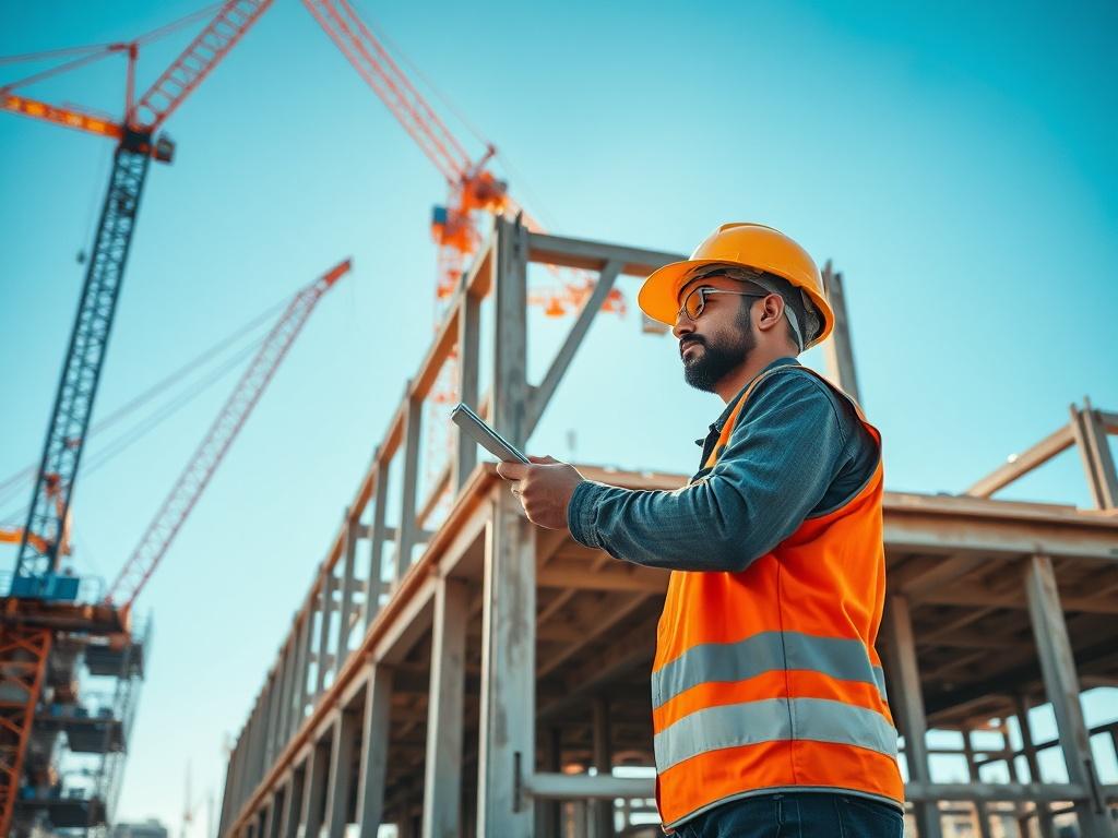 A close-up shot of a modern construction site showcasing a robust and innovative building structure under construction. The image should capture a skilled worker inspecting the frame of a building, highlighting the use of advanced materials. The background should include cranes and construction equipment, with a bright blue sky above. The composition should focus on realism, emphasizing the details of the construction elements, and should be captured with a 45mm f/1.2 lens style.