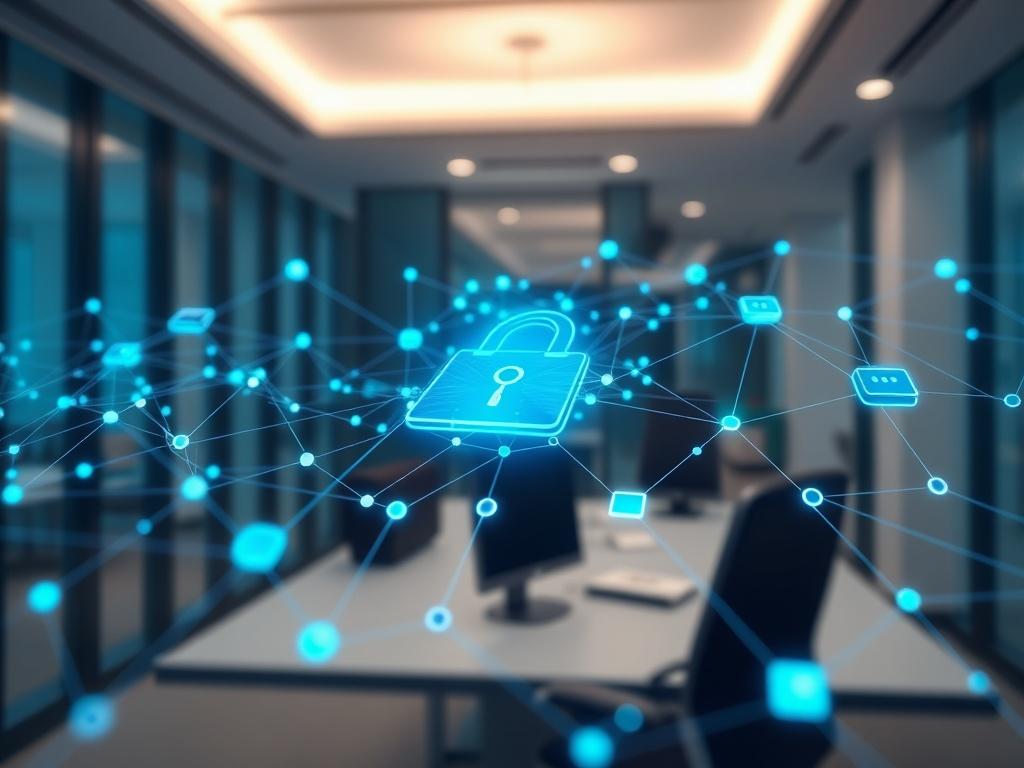A hyper-realistic close-up shot of a digital blockchain network visualization, showcasing interconnected nodes and data blocks. The background should be a sleek, modern office environment with soft lighting that highlights the technology aspect. The focus should be on the blockchain representation, capturing the essence of security and innovation. The image should resonate with the primary color rgb(2, 86, 197).