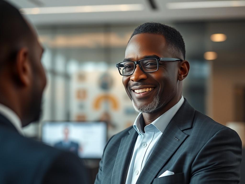 A close-up shot of an African executive in a modern office setting, showcasing professionalism and confidence. The subject is a middle-aged African man or woman dressed in a smart business suit, smiling and engaging in a discussion. The background features sleek, contemporary office décor with soft lighting, reflecting innovation and success. The color palette aligns with the primary color rgb(2, 86, 197), creating a harmonious and inviting atmosphere.