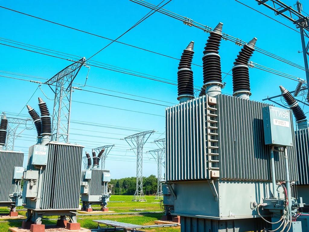 A realistic high-resolution photo of an electrical transformation station, focusing on multiple transformer units surrounded by a clear blue sky. The transformers are prominently displayed with intricate details, showcasing their metallic texture and electrical connections. The backdrop includes green fields and distant trees. The composition is simple and clear, emphasizing the importance of the transformers in an electrical network.