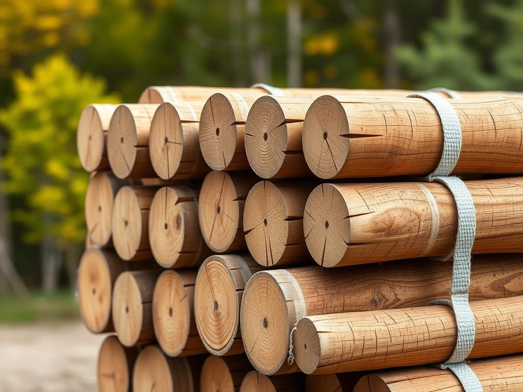 A close up shot of treated wooden poles stacked neatly,
