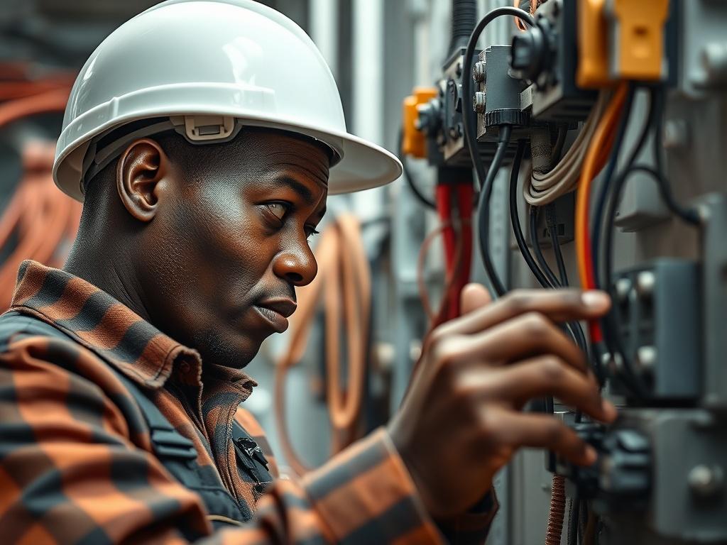 A hyper-realistic close-up shot of a skilled African electrician working on electrical installations. The electrician is focused, showcasing detailed tools and equipment in the background. His hands are engaged in the task, demonstrating expertise and professionalism. The setting is well-lit, emphasizing the electrician's concentration and the complexity of the work. The image should capture the essence of craftsmanship and dedication in electrical work.