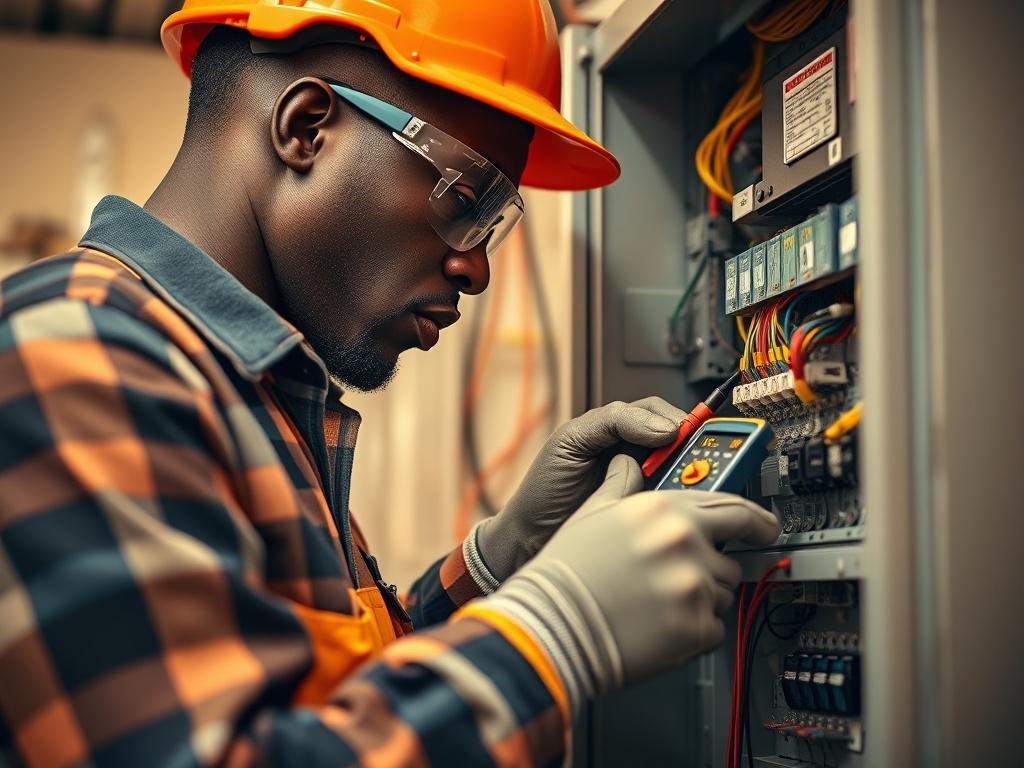 A close-up shot of an African electrician working on an electrical panel, focused on the detailed components inside the panel. The electrician is wearing safety gear, including gloves and goggles, and is using a multimeter to check the circuitry. The background is blurred to emphasize the electrician and the panel, with a warm, professional atmosphere. The image should reflect reliability and professionalism, shot with a 45mm f/1.2 lens.