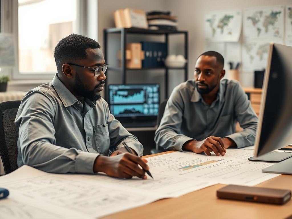 Deux ingénieurs électriciens africains noirs travaillant dans un bureau d'études, entouré de plans électriques et de matériel technique. La scène doit montrer des graphiques électriques sur un écran d'ordinateur, des schémas de circuits sur une table, et une ambiance de concentration. Le fond doit être épuré et professionnel, avec une lumière naturelle mettant en valeur les détails techniques.