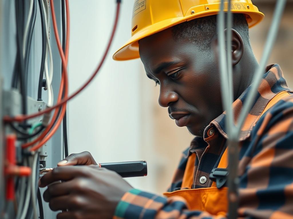 A close-up shot of a skilled African electrician working on intricate electrical wiring. The electrician is focused, showcasing precision and expertise, with tools in hand. The background is slightly blurred to emphasize the electrician, and the overall color palette includes the primary color rgb(50, 170, 39) subtly incorporated in the tools or surroundings.