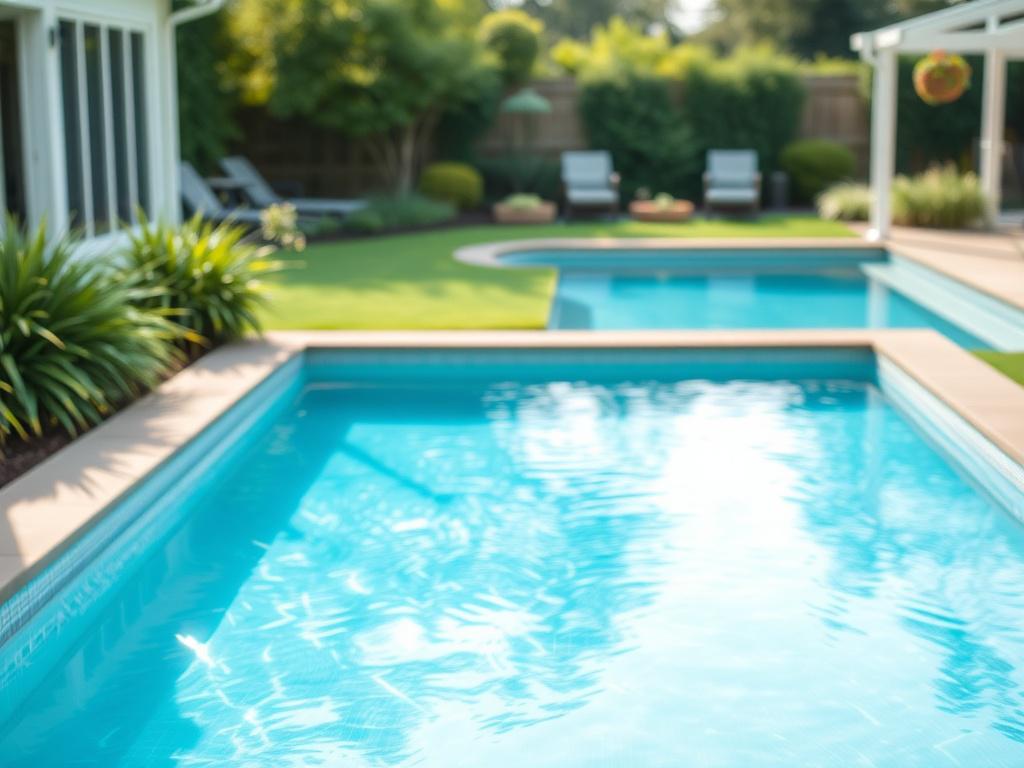 A serene backyard with a sparkling blue swimming pool surrounded