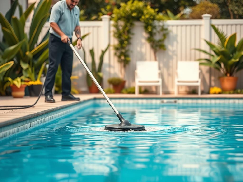 A serene backyard pool scene featuring a professional pool cleaner in action. The pool cleaner is using a vacuum hose to clean the sparkling blue water of a well-maintained residential pool. Surrounding the pool are lush green plants and soft, natural lighting that creates a peaceful atmosphere. The composition should focus solely on the pool cleaner and the clear water, emphasizing cleanliness and professionalism.