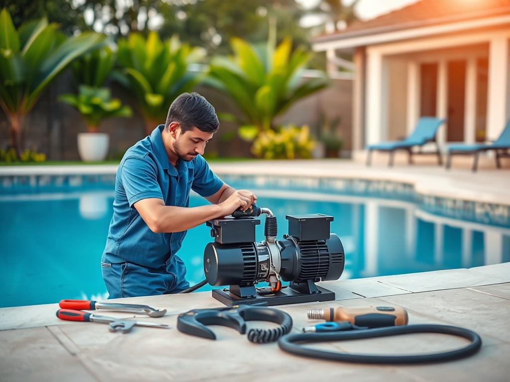 A realistic high-resolution photo of a skilled technician repairing a residential swimming pool. The technician is wearing a blue uniform and is focused on fixing a pool pump, with tools laid out neatly beside him. The background features a beautifully maintained backyard with a clear blue pool reflecting the sky, surrounded by lush green plants and soft lighting, creating a peaceful atmosphere.