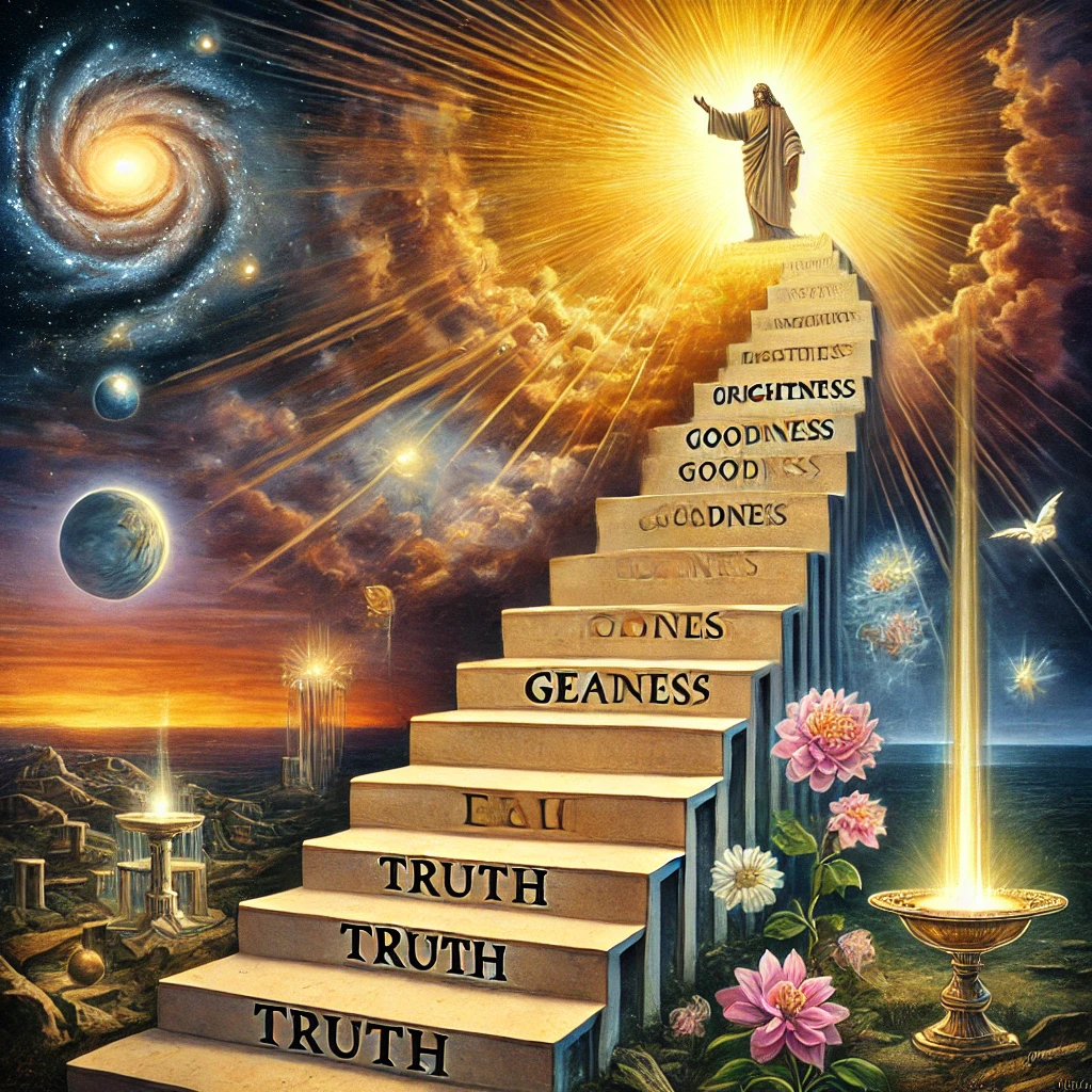 dall·e 2024-12-29 15.05.21 - an artistic depiction of thomas aquinas' argument from gradation. the scene features a series of ascending steps or levels, each labeled with qualitie.webp