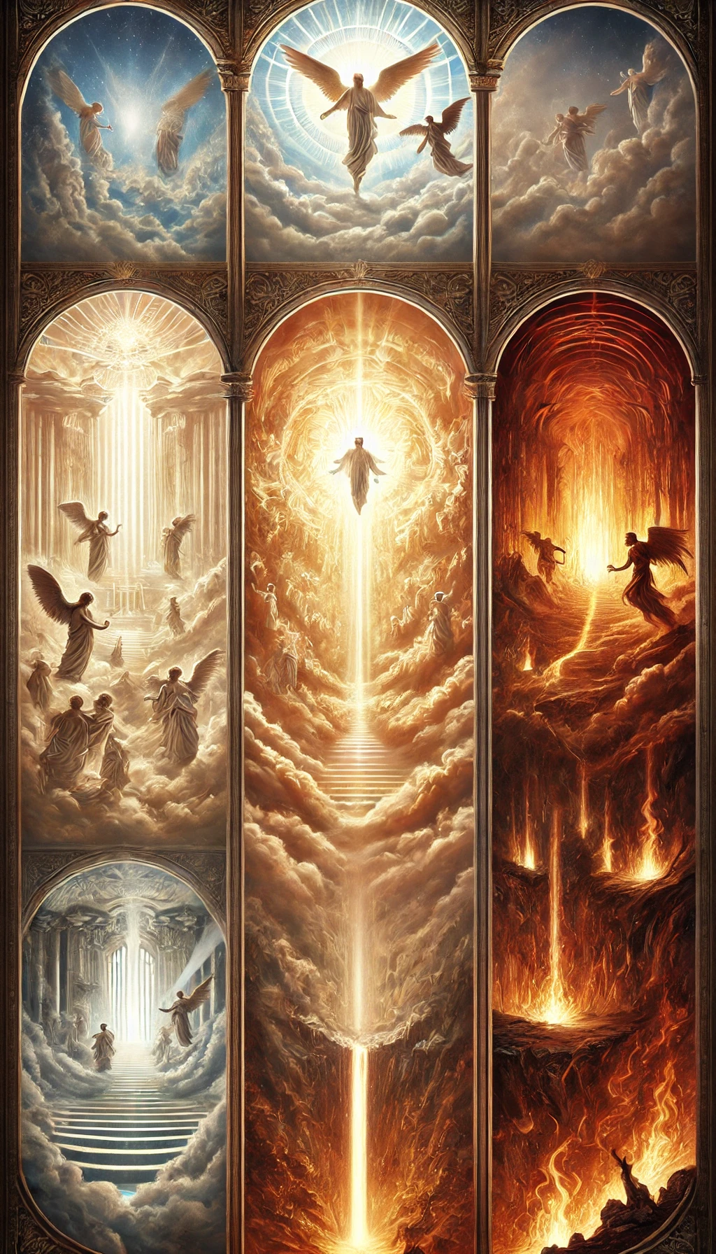 dall·e 2025-01-01 12.38.50 - a triptych-style vertical illustration representing the afterlife, divided into three panels_ heaven at the top, purgatory in the middle, and hell at .webp