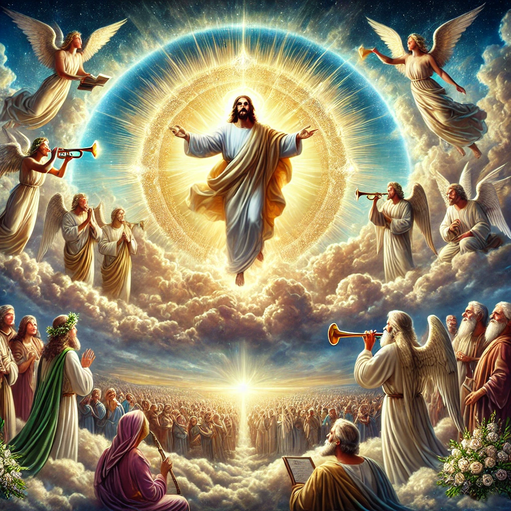 dall·e 2024-12-30 16.23.48 - a majestic and symbolic depiction of the second coming of christ, featuring jesus christ descending on clouds with radiant light, surrounded by angels.webp