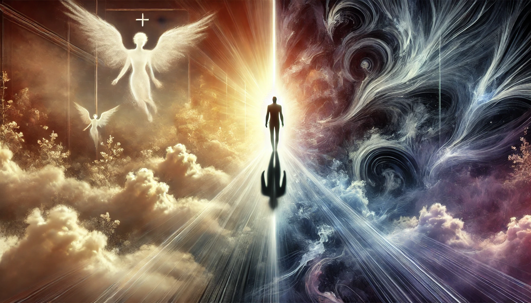 dall·e 2025-01-01 13.01.40 - a digital artwork of a semi-transparent silhouette of a person, slightly elevated and floating in the center of the image, bridging two contrasting re.webp