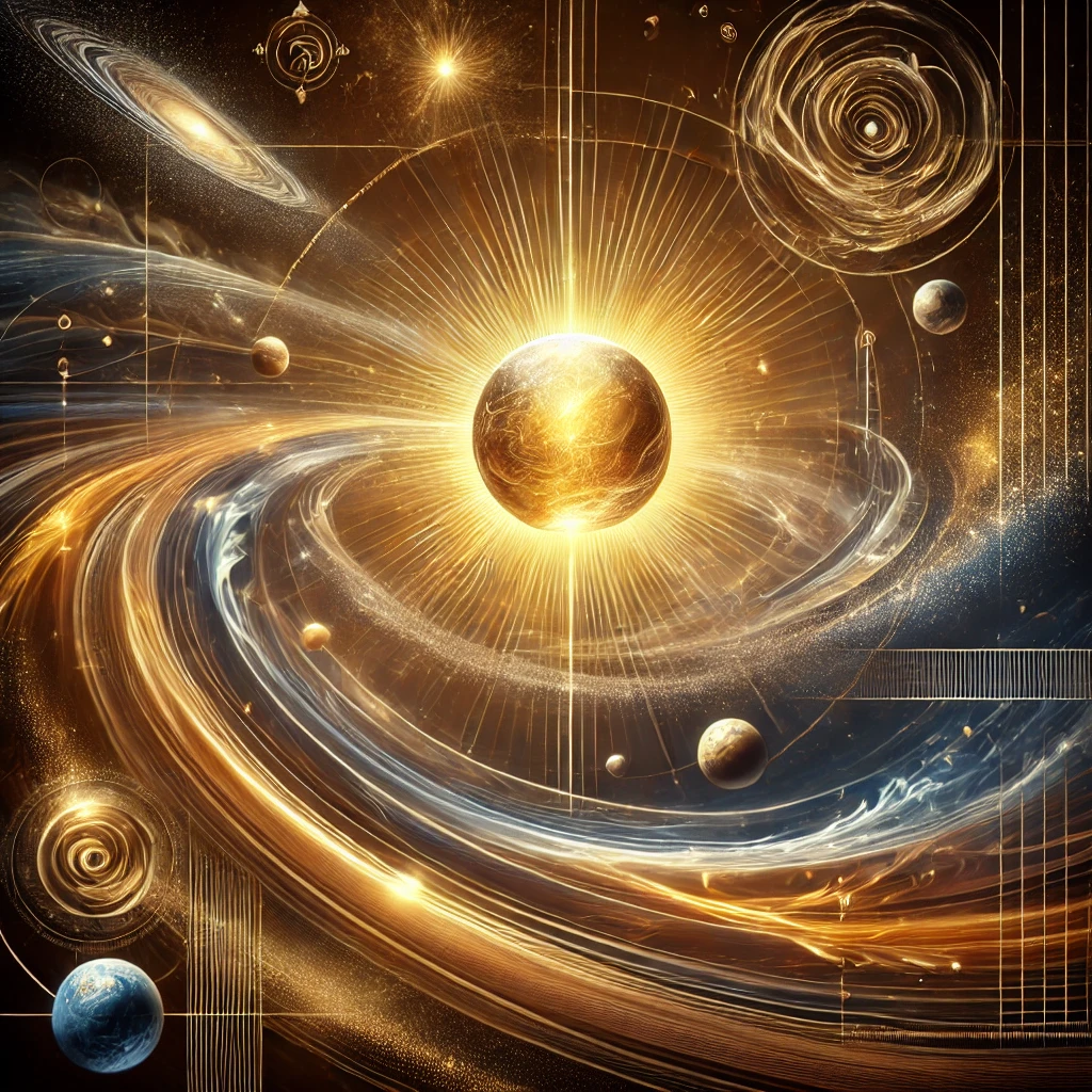 dall·e 2025-01-01 12.47.22 - a symbolic depiction of st. thomas aquinas' concept of god as the unmoved mover. the image features a radiant, golden sphere hovering in a vast cosmic.webp