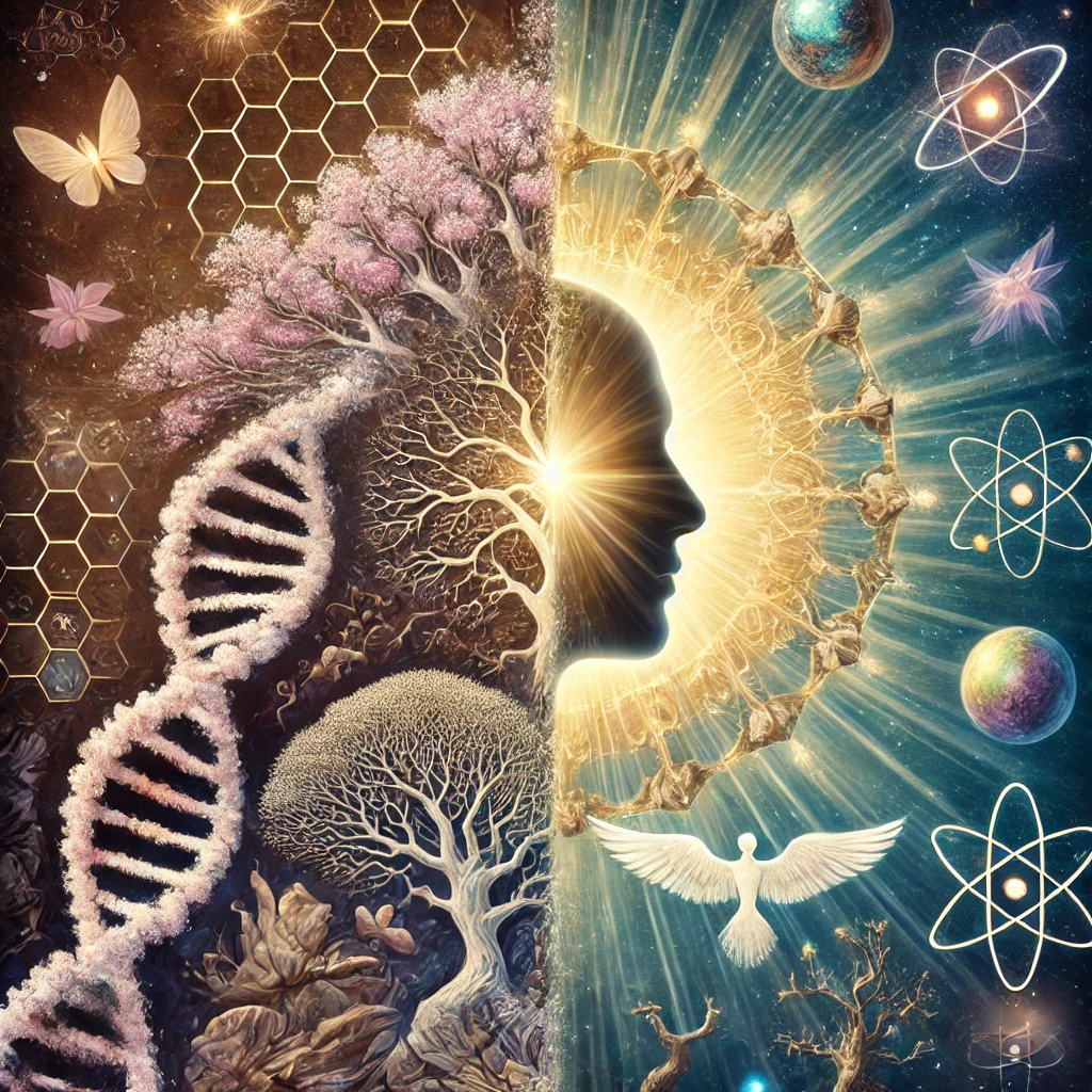 dall·e 2024-12-17 13.19.22 - a symbolic image representing the harmony between science and faith in the evolution of humanity. the artwork features a serene human figure split int.webp