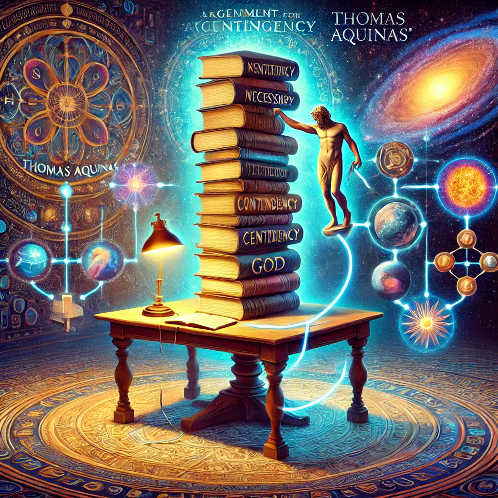 dall·e 2024-12-29 15.00.43 - an artistic illustration of thomas aquinas' argument from contingency. the scene features a glowing table supporting a towering stack of books, symbol.webp