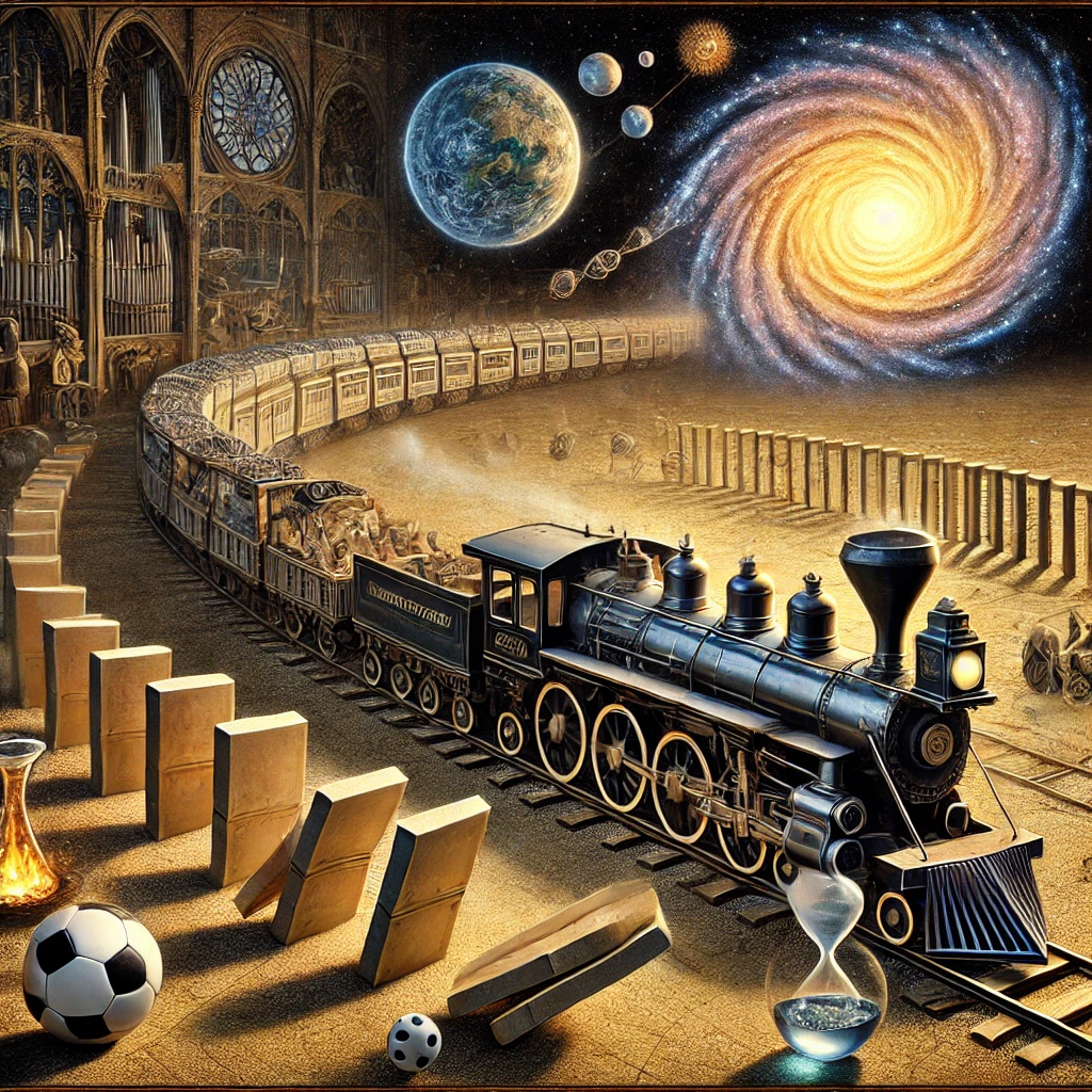 dall·e 2024-12-29 14.48.09 - a detailed artistic rendering illustrating thomas aquinas' argument from motion. the central image depicts a large train with an illuminated engine sy.webp