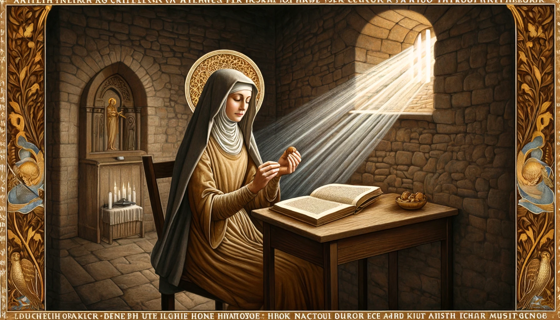 dall·e 2025-01-01 12.21.56 - a medieval-inspired illustration of julian of norwich seated at a small wooden desk within her stone-walled cell. she is depicted as a contemplative a.webp