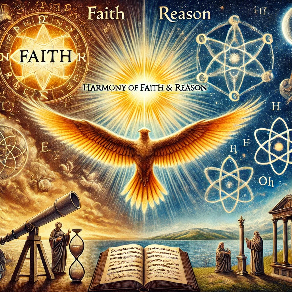 dall·e 2024-12-29 15.17.36 - an artistic depiction of thomas aquinas' harmony of faith and reason. the image features a bird with two radiant wings, one labeled 'faith' and the ot.webp
