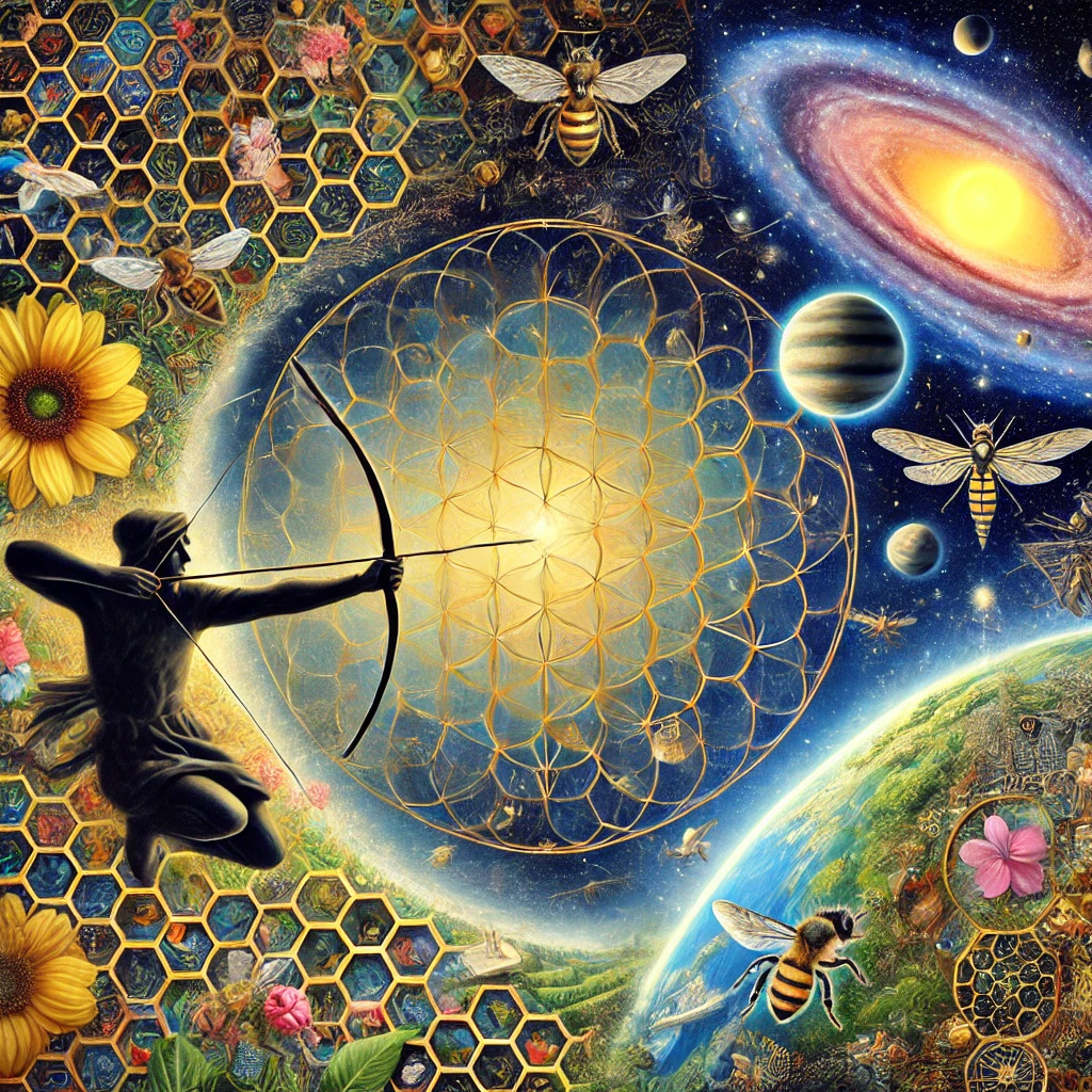 dall·e 2024-12-29 15.10.35 - an artistic depiction of thomas aquinas' argument from design. the image features a cosmic scene where an archer shoots an arrow toward a glowing targ.webp