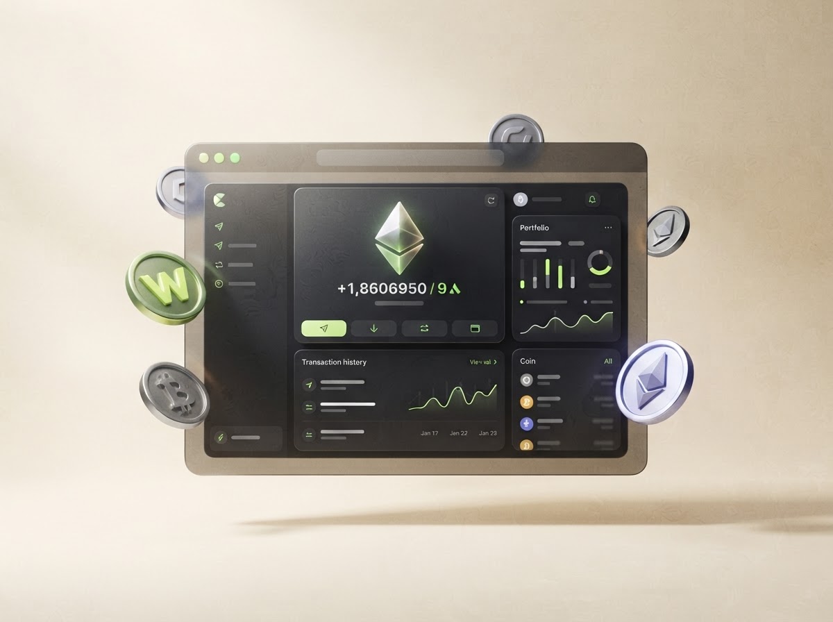 A floating browser wallet panel with a subtle green glow