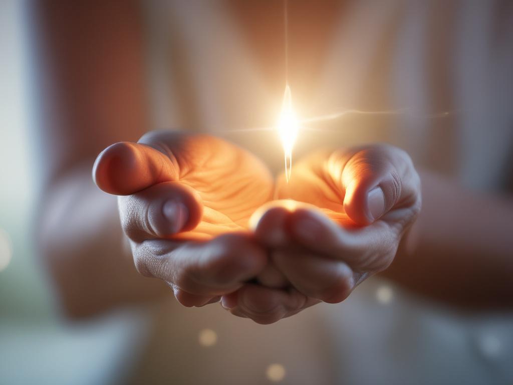 A close-up shot of a warm, glowing light beam cascading down on a person's hands, symbolizing healing and wellness. The background should be softly blurred to emphasize the hands and the light, creating an inviting and serene atmosphere. The colors should harmonize with rgb(50, 170, 39), enhancing the feeling of tranquility and hope.