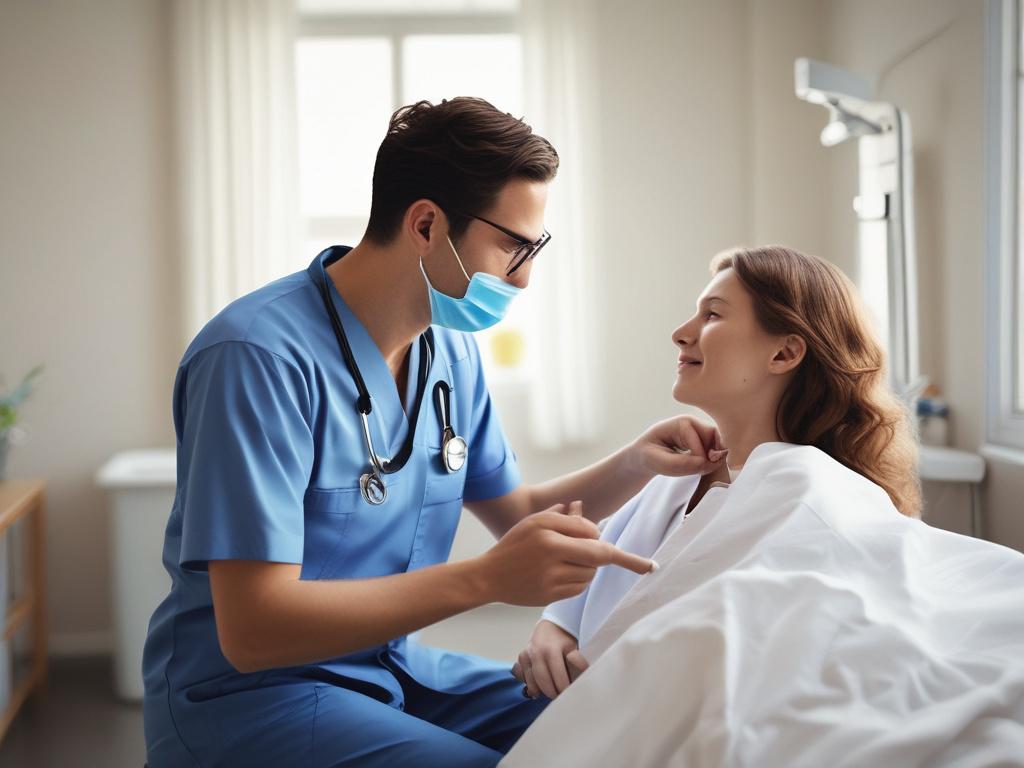 A close-up shot of a healthcare professional interacting with a patient in a caring manner. The scene should depict a warm and compassionate environment, highlighting the importance of patient-centered care. Capture the genuine connection between the provider and patient, ensuring a focus on their expressions. Use a softly blurred background to emphasize the interaction, shot with a 45mm f/1.2 lens for high-resolution clarity.