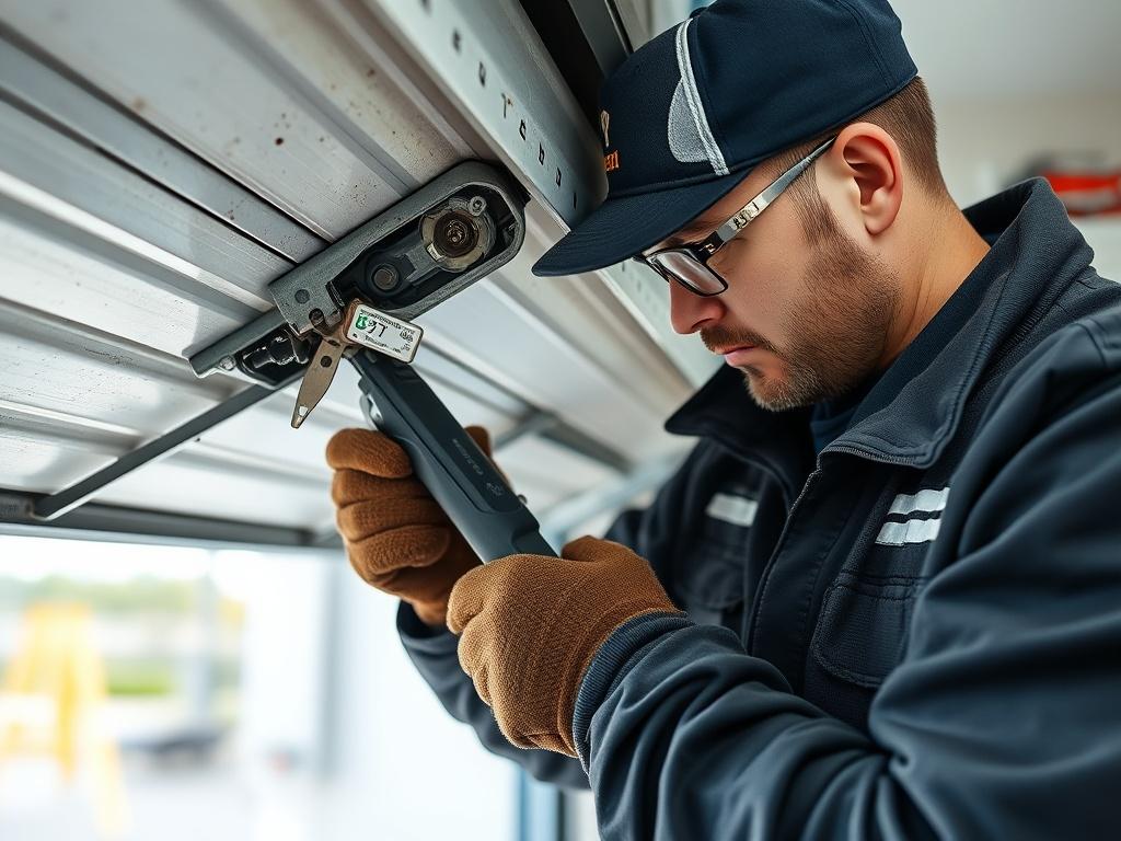 A close up of a technician repairing a garage door,
