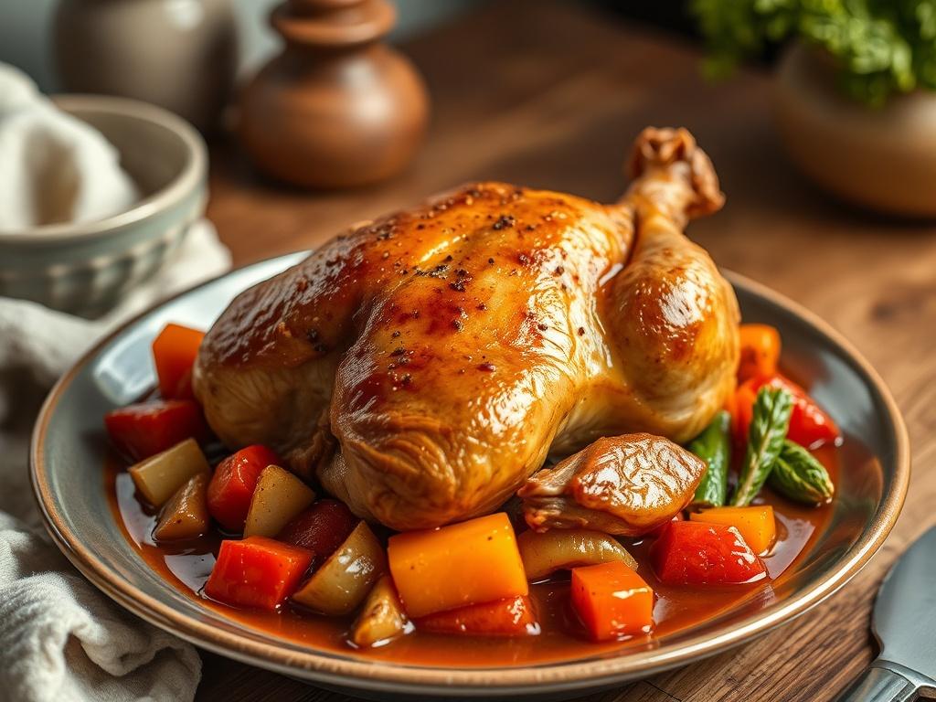 A hearty poultry dish beautifully plated with vibrant seasonal vegetables and a rich sauce. The setting should convey warmth and comfort, with soft lighting that enhances the inviting nature of the meal.