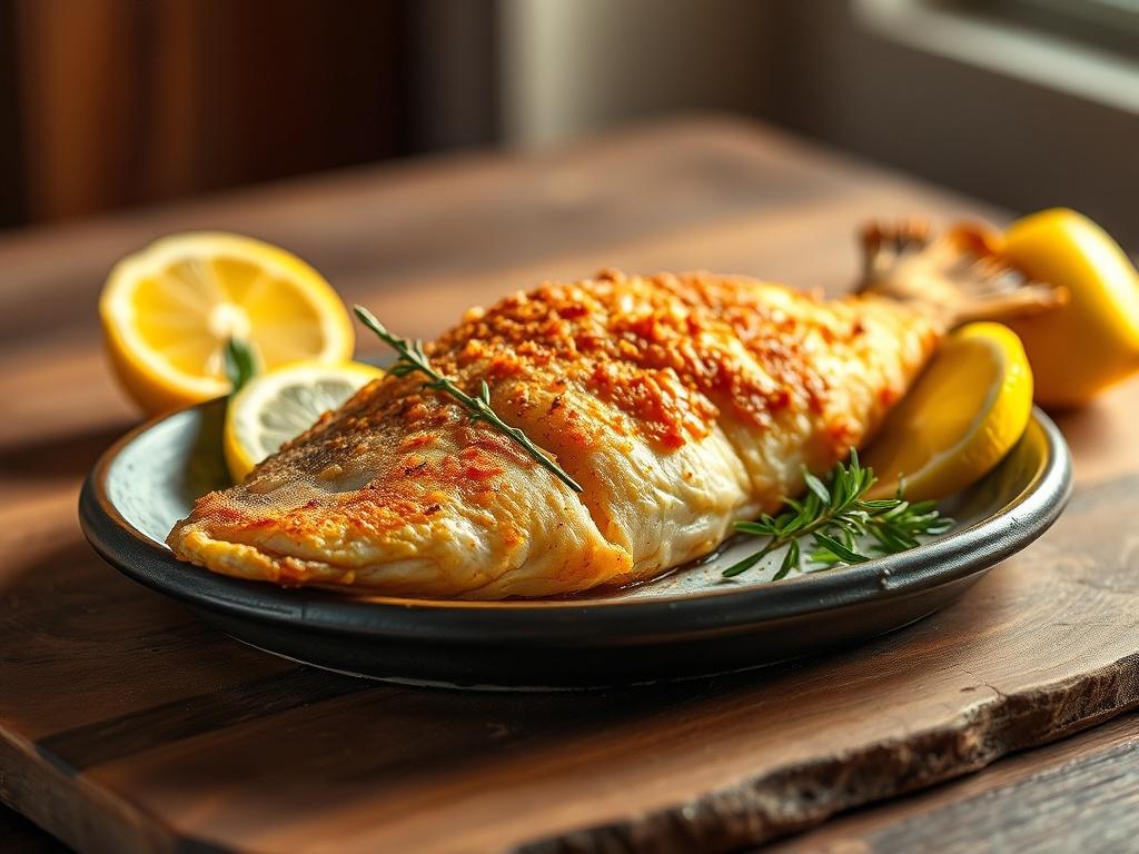 A perfectly golden-brown crispy fish fillet on a rustic plate, garnished with lemon slices and herbs. The background should have a warm, inviting atmosphere with soft lighting, emphasizing the freshness of the dish.