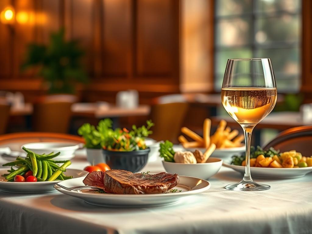 A cozy and inviting restaurant setting featuring a beautifully arranged table with gourmet dishes including a succulent steak, fresh seasonal vegetables, and an elegant wine glass. The background should include warm wooden paneling and soft lighting that creates a serene atmosphere. The overall color palette should reflect shades of golden hues that complement the primary color rgb(193, 153, 87).