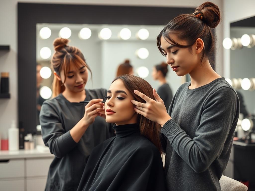 A realistic high-resolution photo showing a student practicing grooming techniques on a model. The student is focused and using professional tools, while the model looks relaxed and confident. The background features beauty products and a large mirror, reflecting a professional salon atmosphere with gentle lighting.