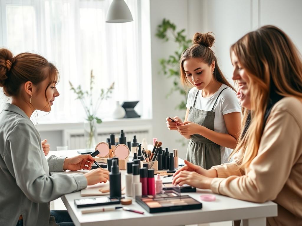 A realistic high-resolution photo capturing a group of students collaborating on a beauty project. They are gathered around a table filled with beauty products and tools, sharing ideas and techniques. The setting is bright and airy, promoting creativity and teamwork, showcasing the supportive community at the academy.