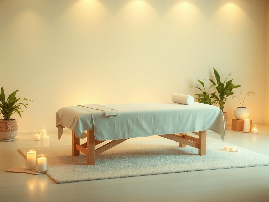 A serene massage therapy setting featuring a single massage table in a softly lit room. The table is adorned with clean, soft linens, and calming candles are placed nearby. A gentle, warm glow fills the space, hinting at relaxation and tranquility. The background includes subtle greenery, such as potted plants, to enhance the peaceful atmosphere. The overall color palette features soft tones of green and beige, creating a soothing ambiance.